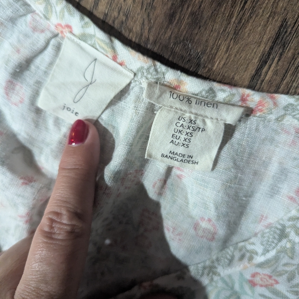 Joie Women's 100% Linen Tiered Summer Dress Size XS Soft Peach & Green On Cream - Picture 5 of 14